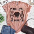 thumbnail image 2 of Peace Love And Horror Tee, Unisex Women's Men's Shirt, Horror Movie Classic Film Lover Halloween Gift, Heather Sunset, Medium, 2 of 6