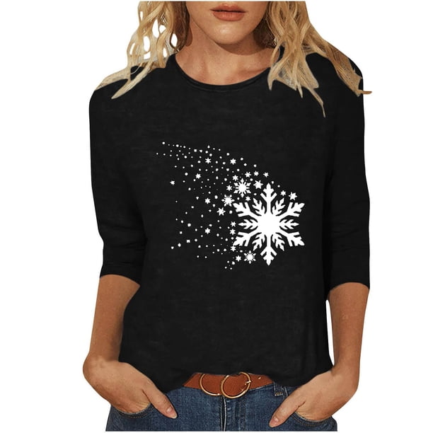 Camisetas de Manga Larga de las Mujeres Imprimir Navidad Cuello Redondo 3/4 Manga Suéter, Top Casual para las Vacaciones