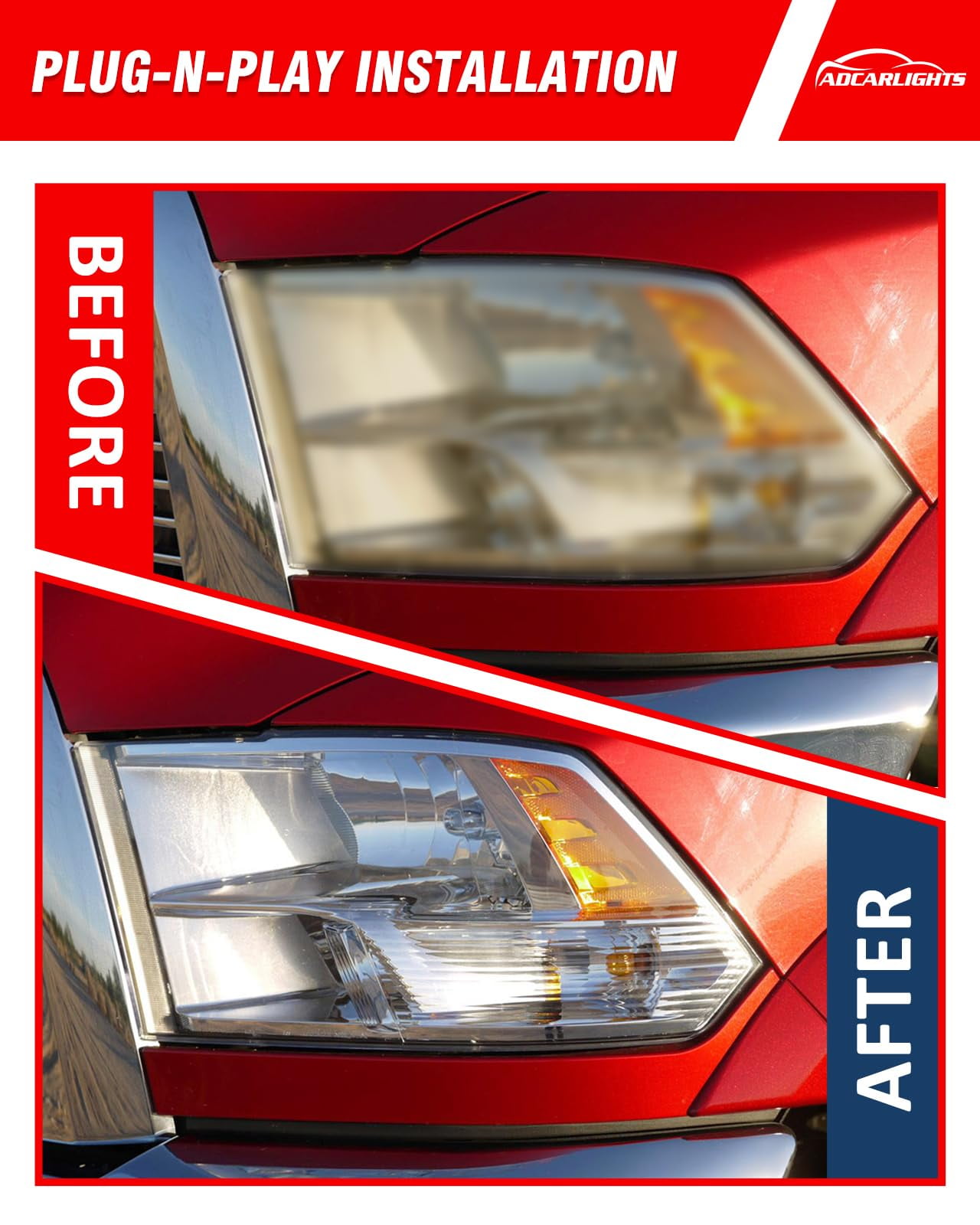 ADCARLIGHTS for 2009 2010 2011 2012 2013 2014 2015 2016 2017 2018 Dodge Ram Headlight Assembly compatible with 09-18 Ram 1500/10-18 Ram 2500 3500 Chrome Housing Amber Reflector Headlamp Replacement
