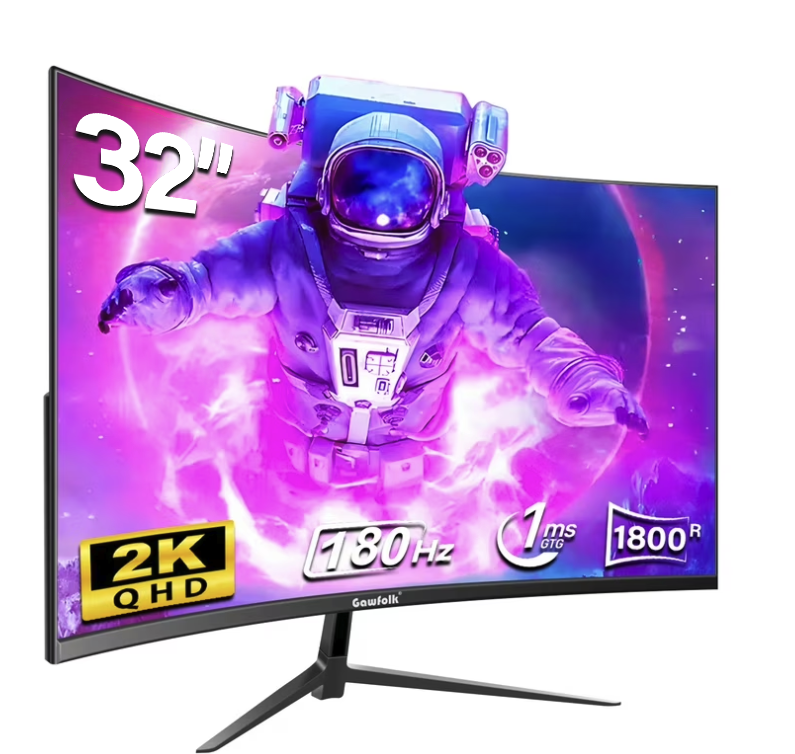 Gawfolk Curved Gaming Monitor 32 inch 2K 180Hz Frameless Computer Display , PC Monitor QHD（2560*1080p）, DP, HDMI Port (Black)