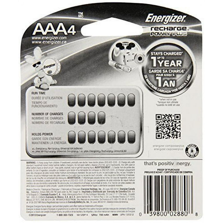 Energizer Rechargeable AAA Batteries, NiMH, 800 mAh, Pre-Charged