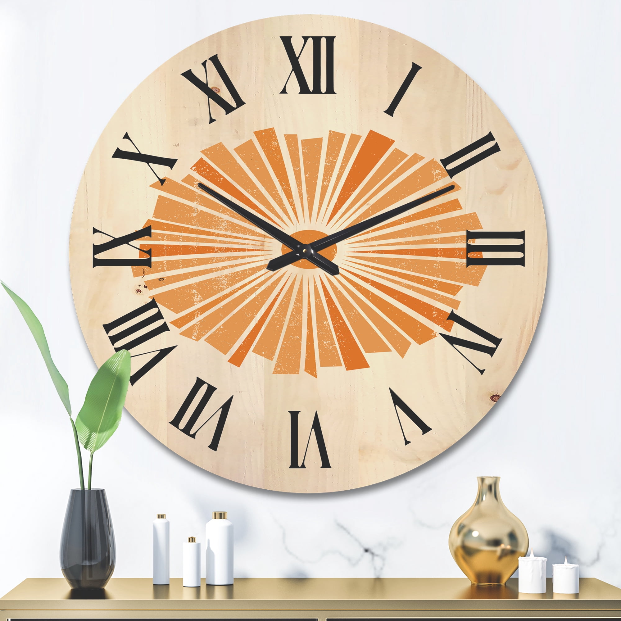Designart 'Orange Radiant Sun I' Modern Wood Wall Clock