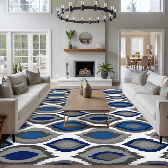 Abstract Art 8x10 Area Rug for Living Room Sectional Sofa, Modern Diamond Patterns Blue White Grey Geometric Washable Non Slip Large Rectangle Area Rug