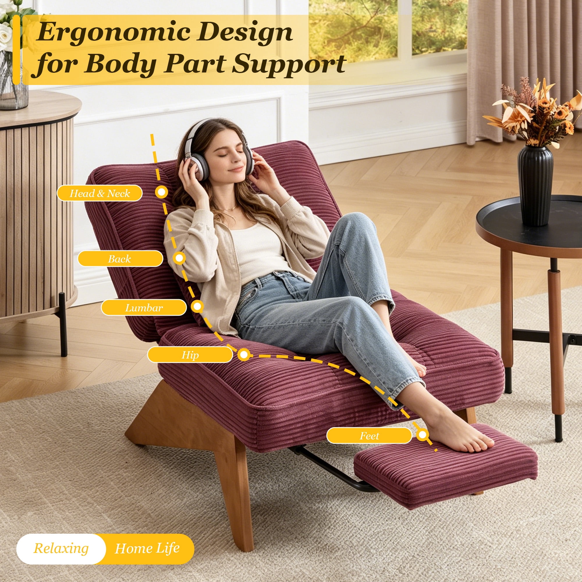 MOONMISS Modern Adjustable Lounge Chair with Footrest,Wooden Base Upholstered Recliner for Reading Rest Corduroy