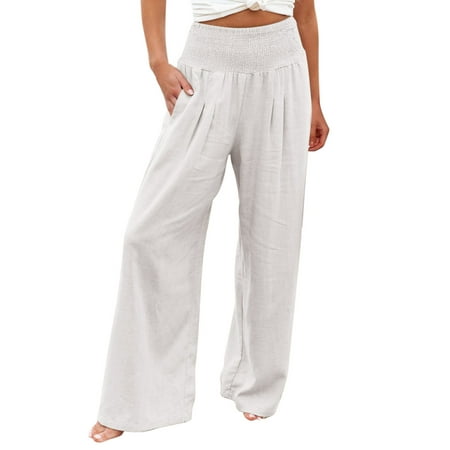

Tiqkatyck Business Casual Clothes for Women High Waist Wide Leg Palazzo Pants for Women Smocked Elastic Waist Loose Comfy Casual Pajama Pants Pockets High Waisted Pants for Women White