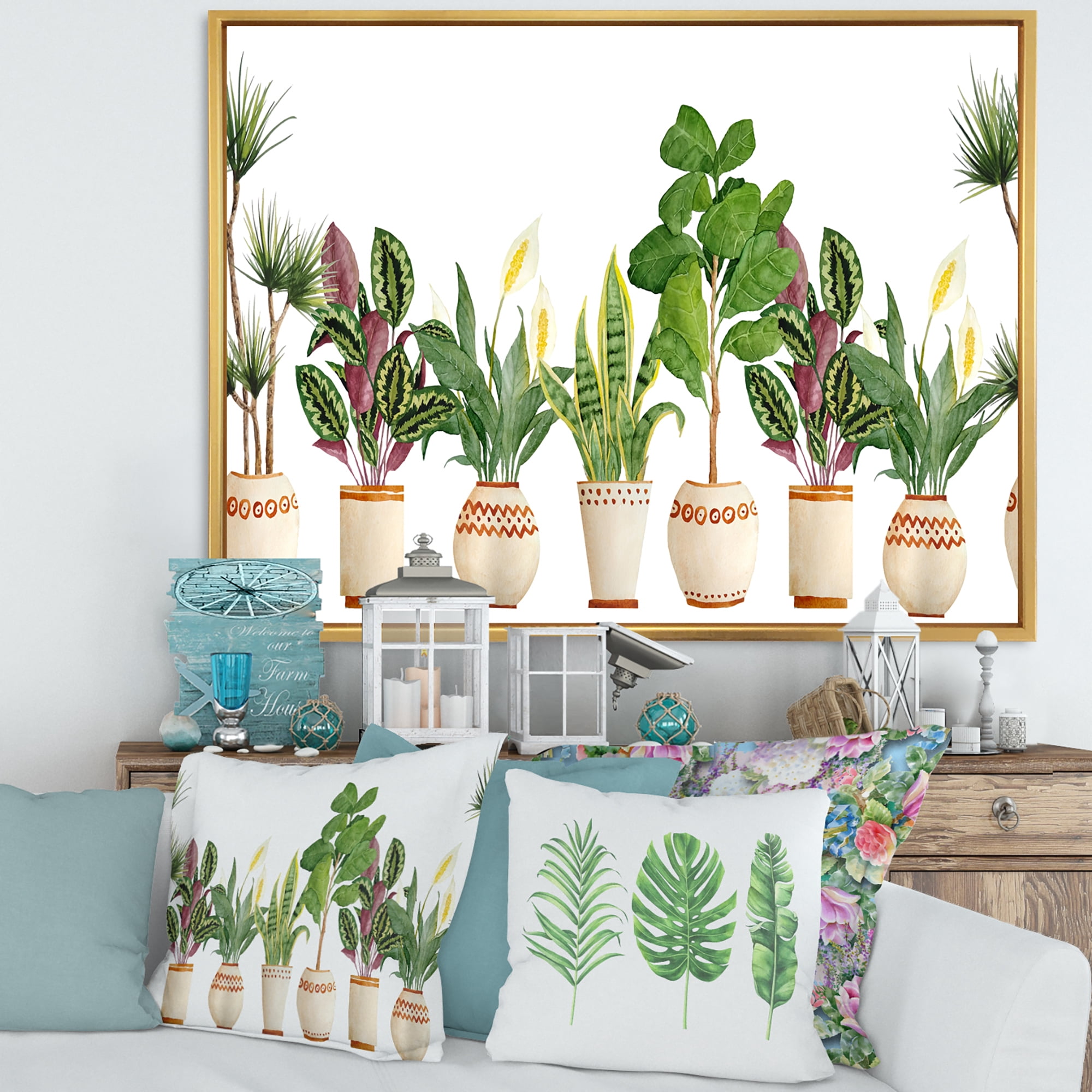 Designart 'Trio of Houseplants Sanseviera Snake Plants On White' Farmhouse Framed Canvas Wall Art Print