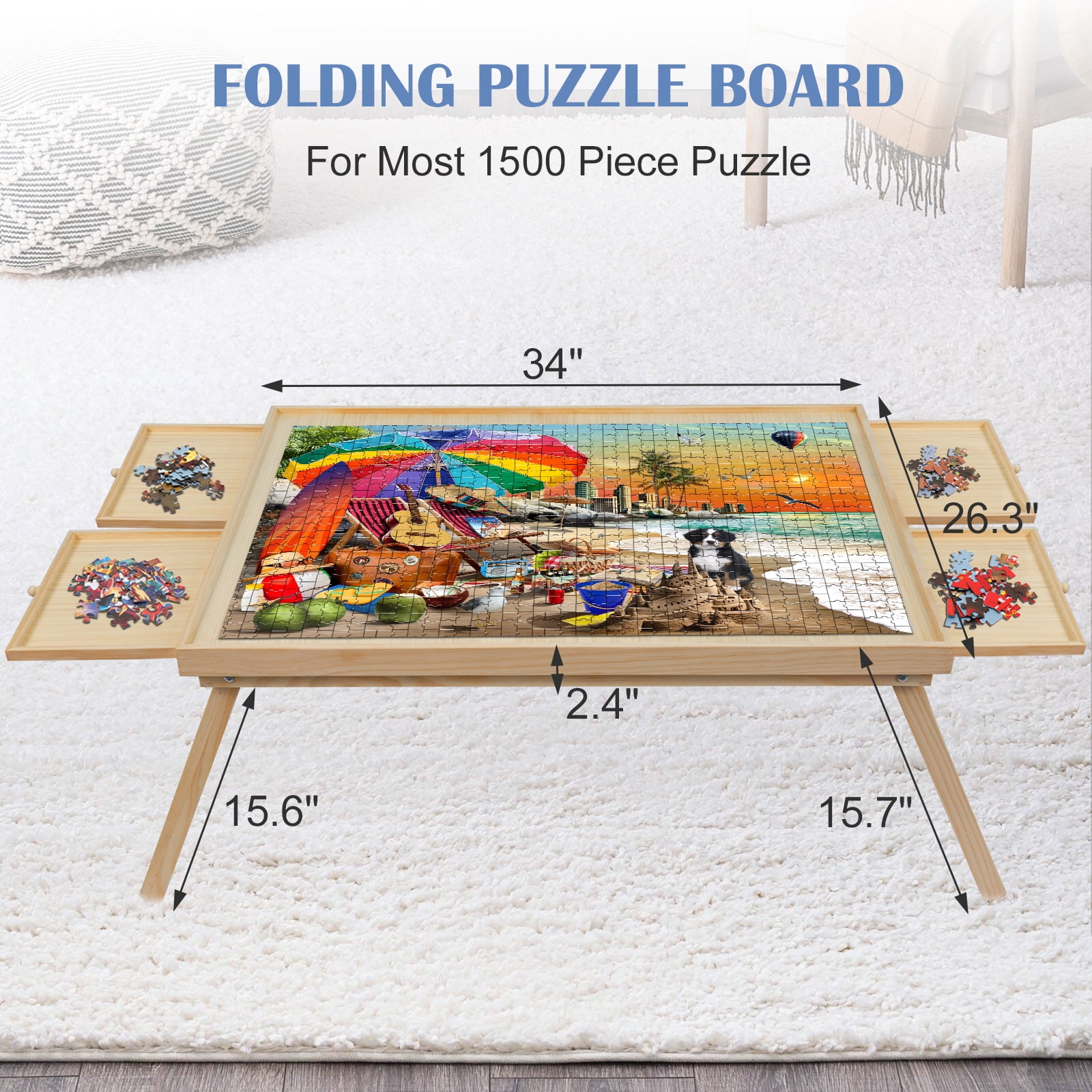 1500 Piece Puzzle Table with Folding Legs and 4 Sliding Drawers,34" x 26" Wooden Jigsaw Puzzle Board with Protective Coverfor Adults