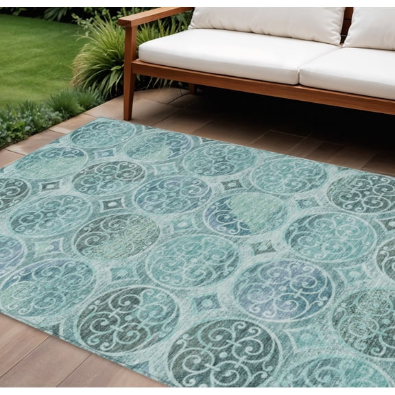 HomeRoots 584048 9 x 12 ft. Trellis Washable Indoor & Outdoor Rectangle Area Rug, Teal Blue & Aqua
