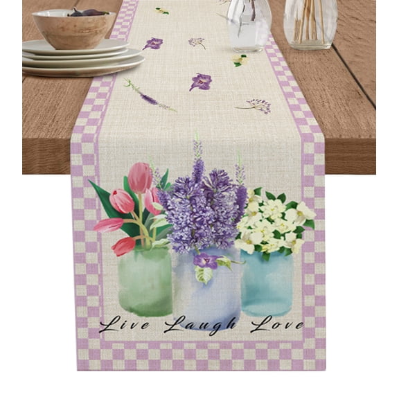 Table Runner 48 Inches Long for Kitchen Dining, Spring Flower Tulip Lavender Dresser Scarf Farmhouse, Dining Table Decorations for Wedding/Parties, Colorful Floral Plaid 13 x 48 In