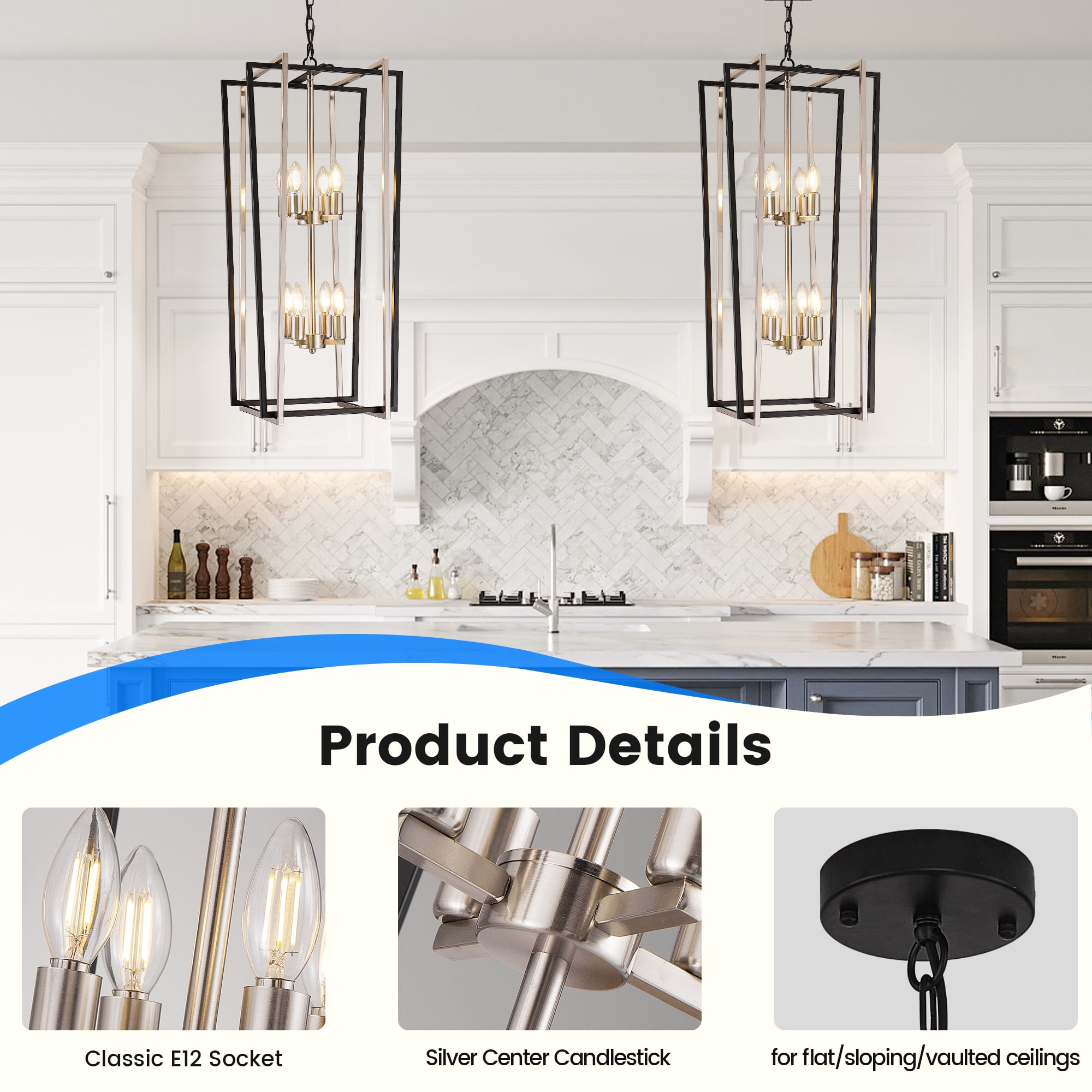 8-Light Silver Farmhouse Lantern Pendant Lighting Fixtures Industrial Geometric Hanging Pendant Light Chandelier E12 Socket
