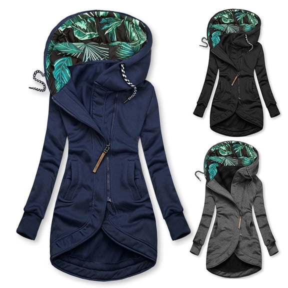 Joernso Women Coat Leaves Print Hooded Long Winter Jacket for Work