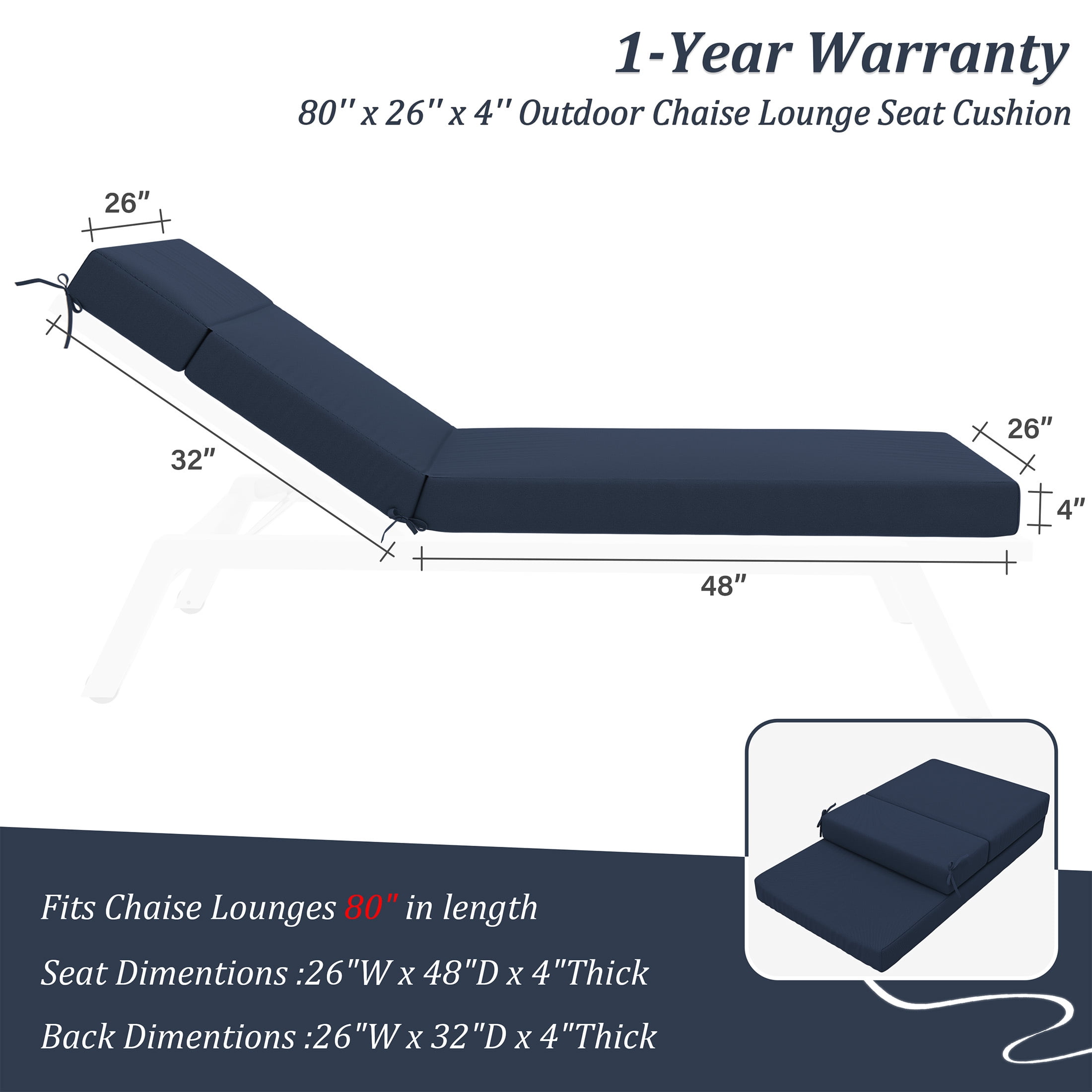 Pakunoda Chaise Lounge Cushions Set of 2, 80" x 26" x 4" Outdoor High-Density Foam Patio Furniture Lounger Replacement Cushions with Zipper Ties Water-Resistant for Pool, Navy Blue