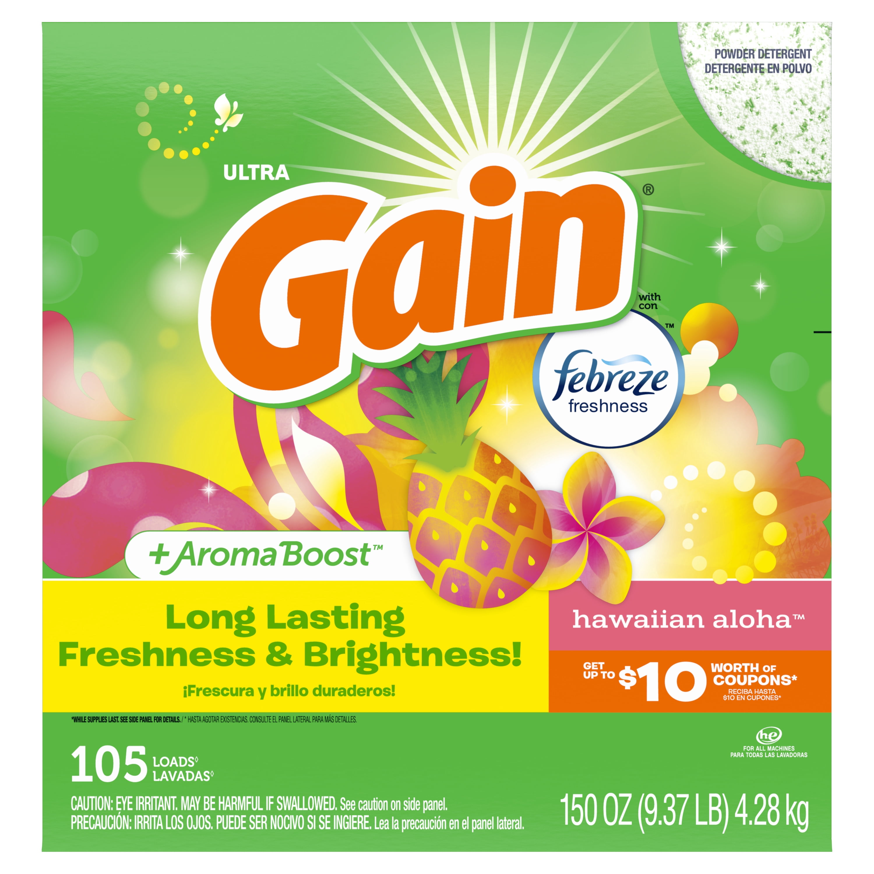 Gain Powder Laundry Detergent, Hawaiian Aloha Scent, 150 oz, 105 Loads