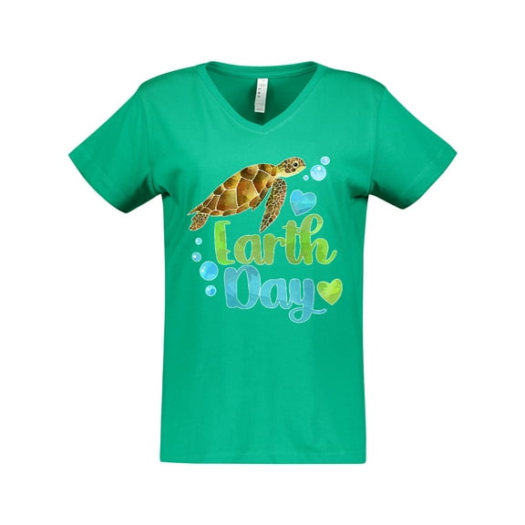 Inktastic Earth Day Sea Turtle and Hearts Women's V-Neck T-Shirt