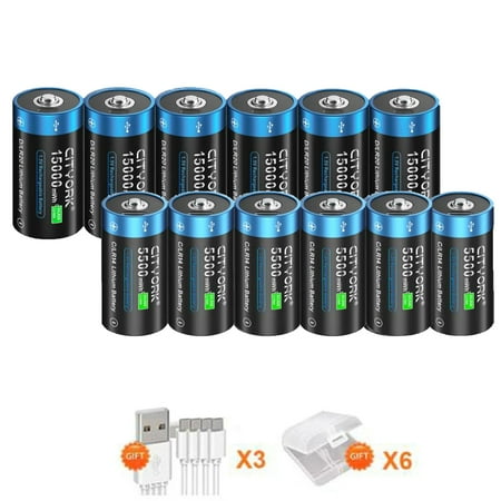 Image of 12 Pack 1.5V USB Lithium High Capacity Battery 6 Pack 5500mWh C Size Rechargeable Batteries and 6 Pack 15000mWh D Size Rechargeable Batteries with Battery Case and Charging Cable