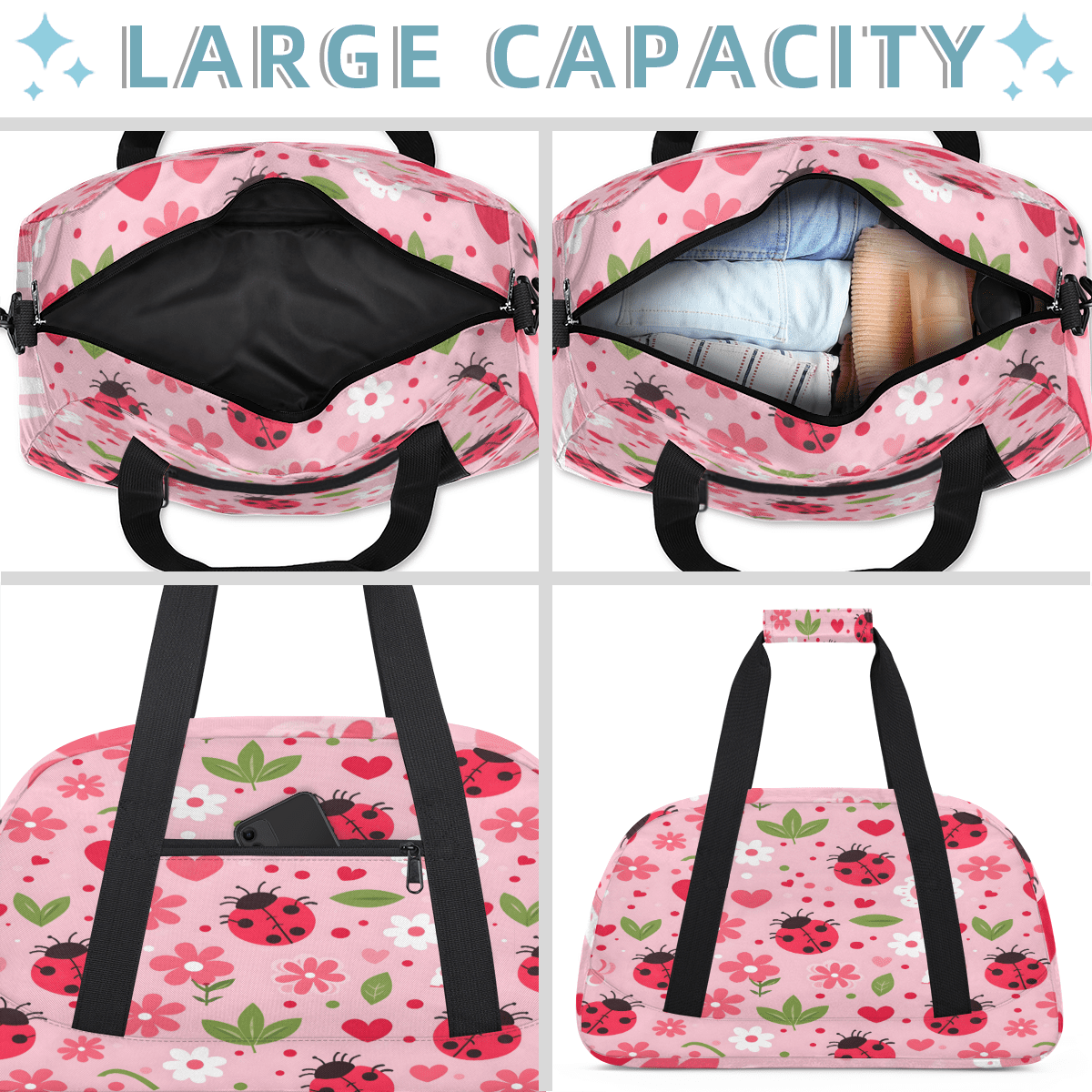Herdesigns Sports Duffle Bags Travel Duffle Bag Gym Bag Floral Ladybugs Weekender Travel Bag Waterproof Overnight Bag Carry On Travel Tote Bag Dance Bags