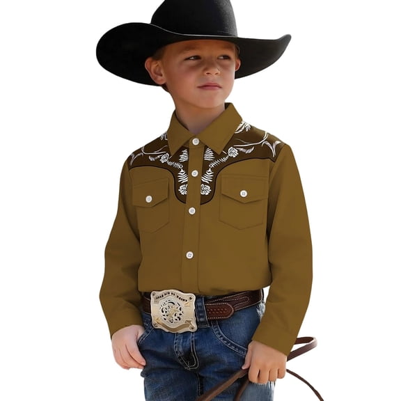 HAYIMI Child Boys Western Cowboy Print Shirt For Kids Youth Children Casual Button Down Long Sleeve Tops Classic Streetwear