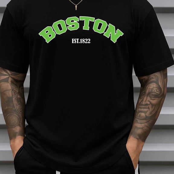 180g T-Shirt for Men Vintage Casual Short Sleeve Round Neck Print - Men's Boston Est - 1822 Vintage Establishment Date T