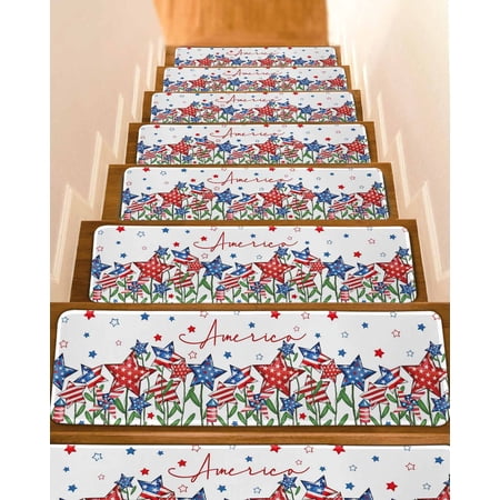 Independence Day Stair Treads for Wooden Steps Indoor Runner Rug Carpet 4th of July Red Blue Stars Patriotic 7 Pieces Peel and Stick Staircase Step Treads Covers Washable Throw Door Mats 30 x8
