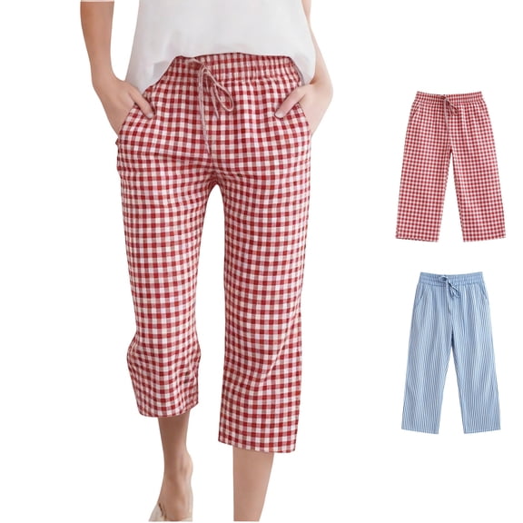Asxite Toddler Girls Pants Plaid Linen Cropped Elastic Waist Pocket Breathable Sweatpants 2-12Y