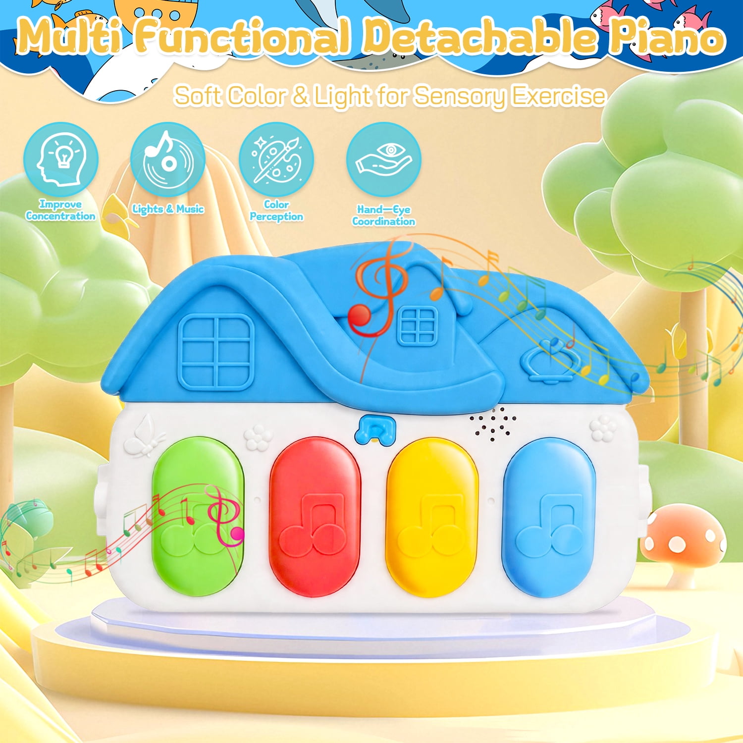 Caunedy 2 in 1 Baby Gym Playmat with Music,5 Sensory Montessori Toys & Tummy Time Mirror,Newborn Gift for Infants 0-12 Months