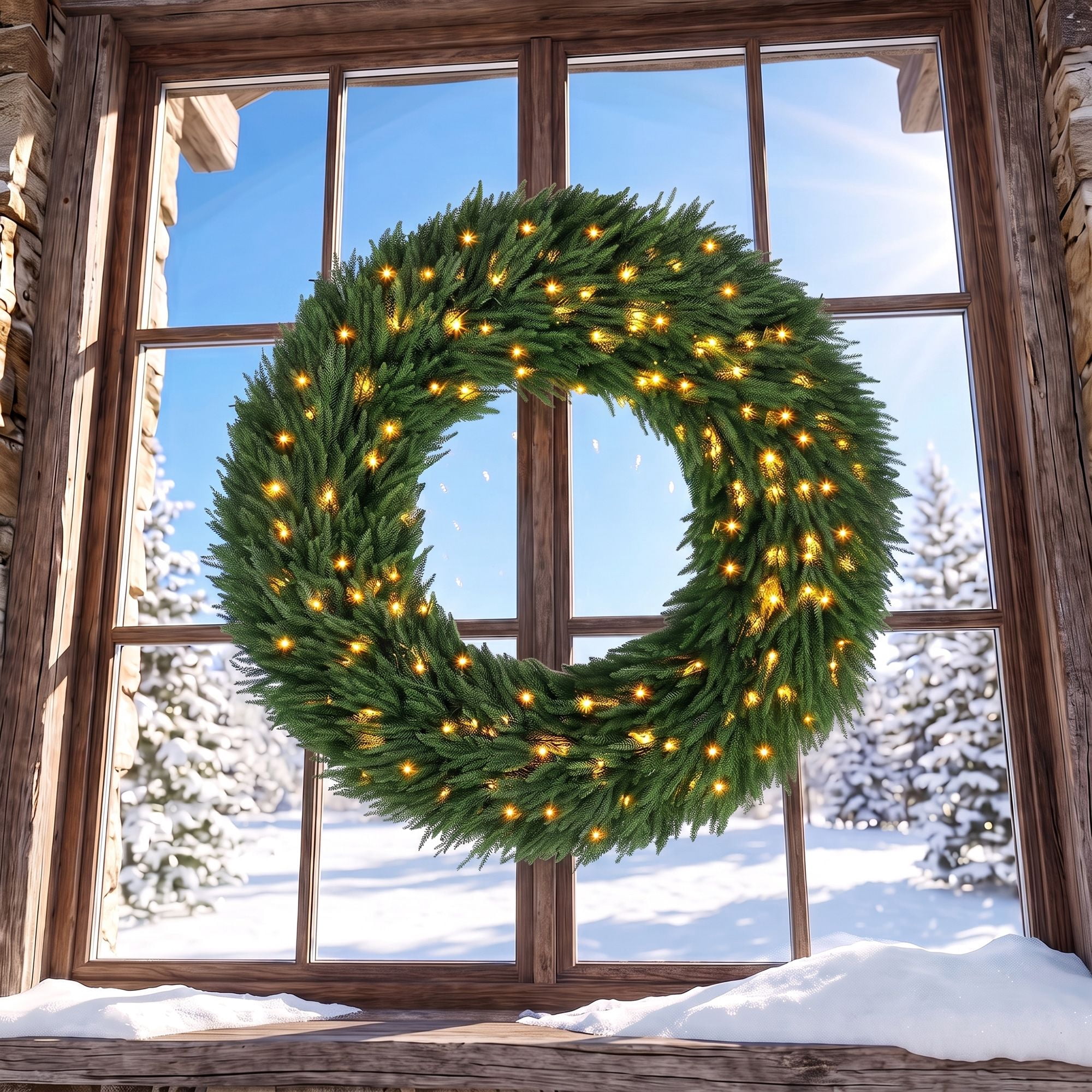 Pre-Lit Artificial Christmas Wreath, 48 in Norfolk Pine with 150 Warm White LED Lights, 770 Tips, Indoor and Covered Outdoor Holiday Door Decor