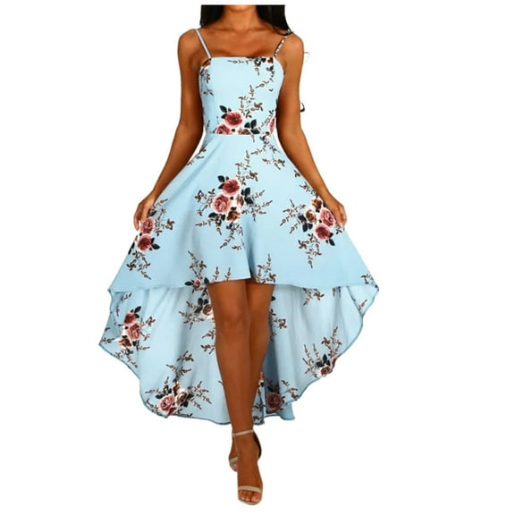 Womens Dresses for Wedding Guest Short Sleeve Boho Holiday Strappy Floral Print Ladies Beach Swing Irregular Tuxed Dress