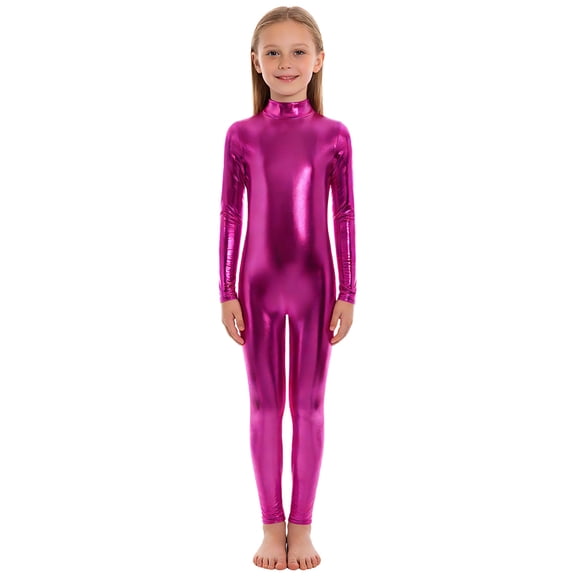 inhzoy Kids Boys Girls Metallic One Piece Full Length Tights Unitard Shiny Gymnastics Leotard Dance Suit Hot Pink L/140