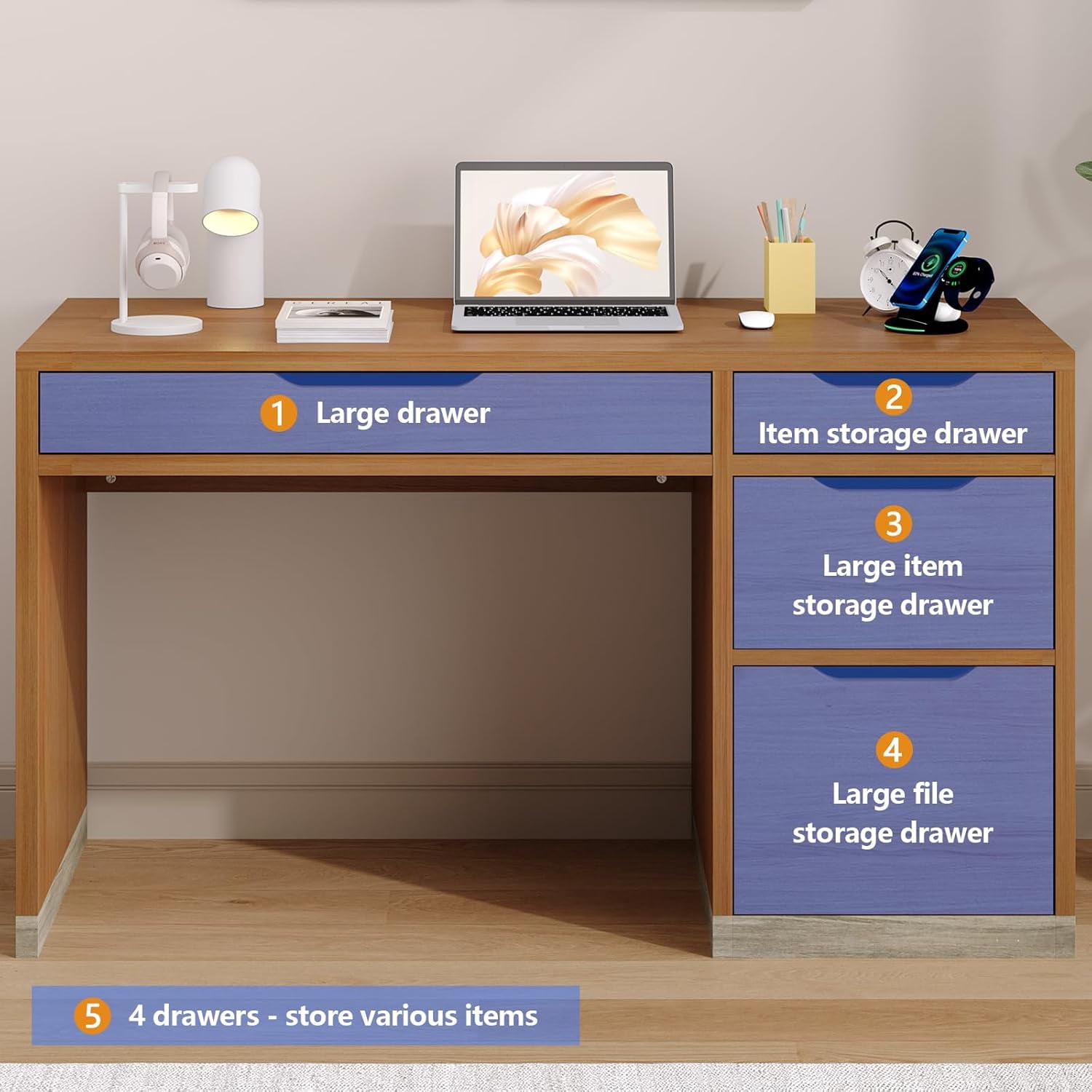 DreamCurship 52 Inch Computer Desk with 4 Storage Drawers,Home Office Desk with Storage for Small Space，Writing Desk with File Cabinet, Brown