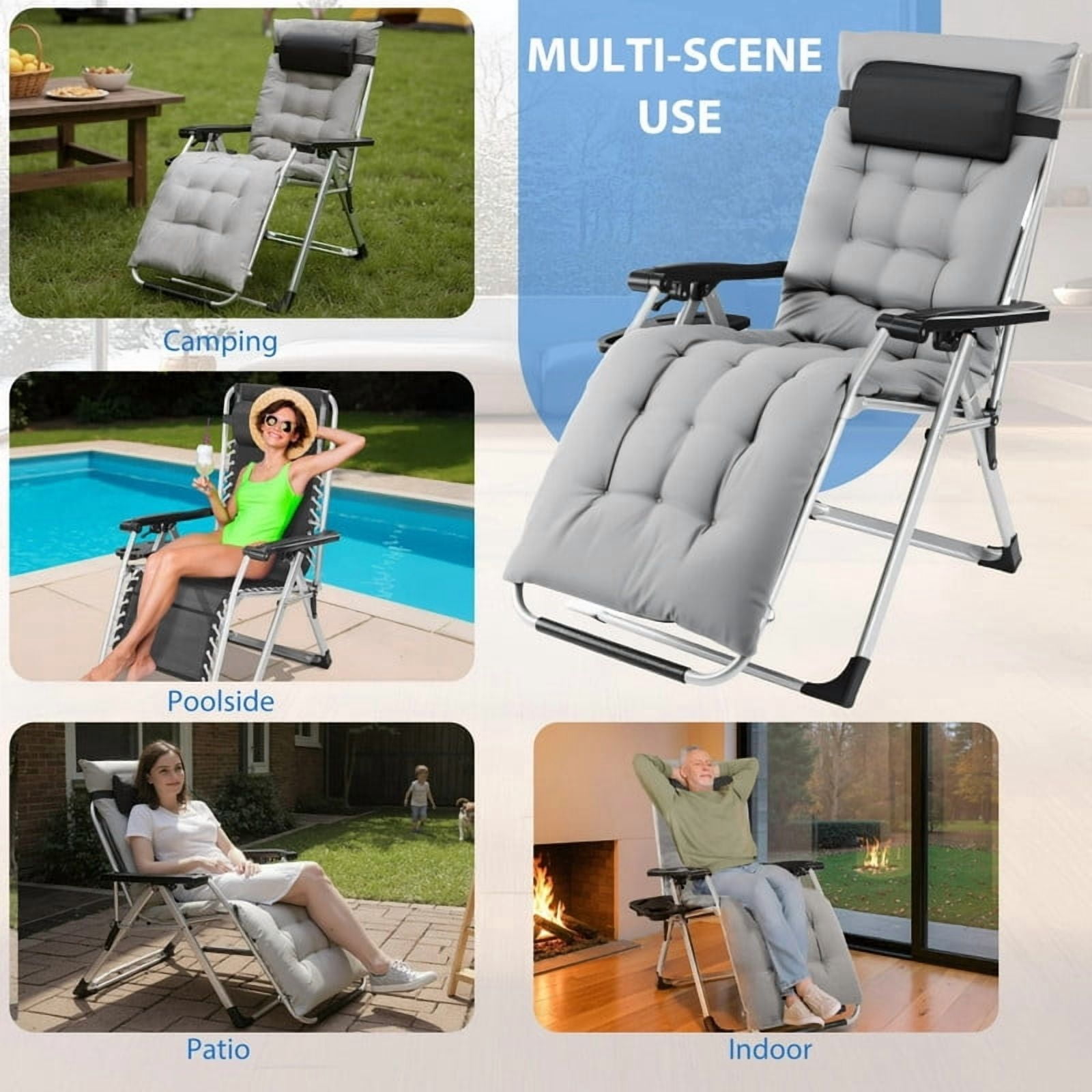 Kelno Padded Recliner Chair Zero Gravity Camping Chair Holder Trays Outdoor Portable Patio Lounge Chair with Removable Cushion Headrest Cup, Gray