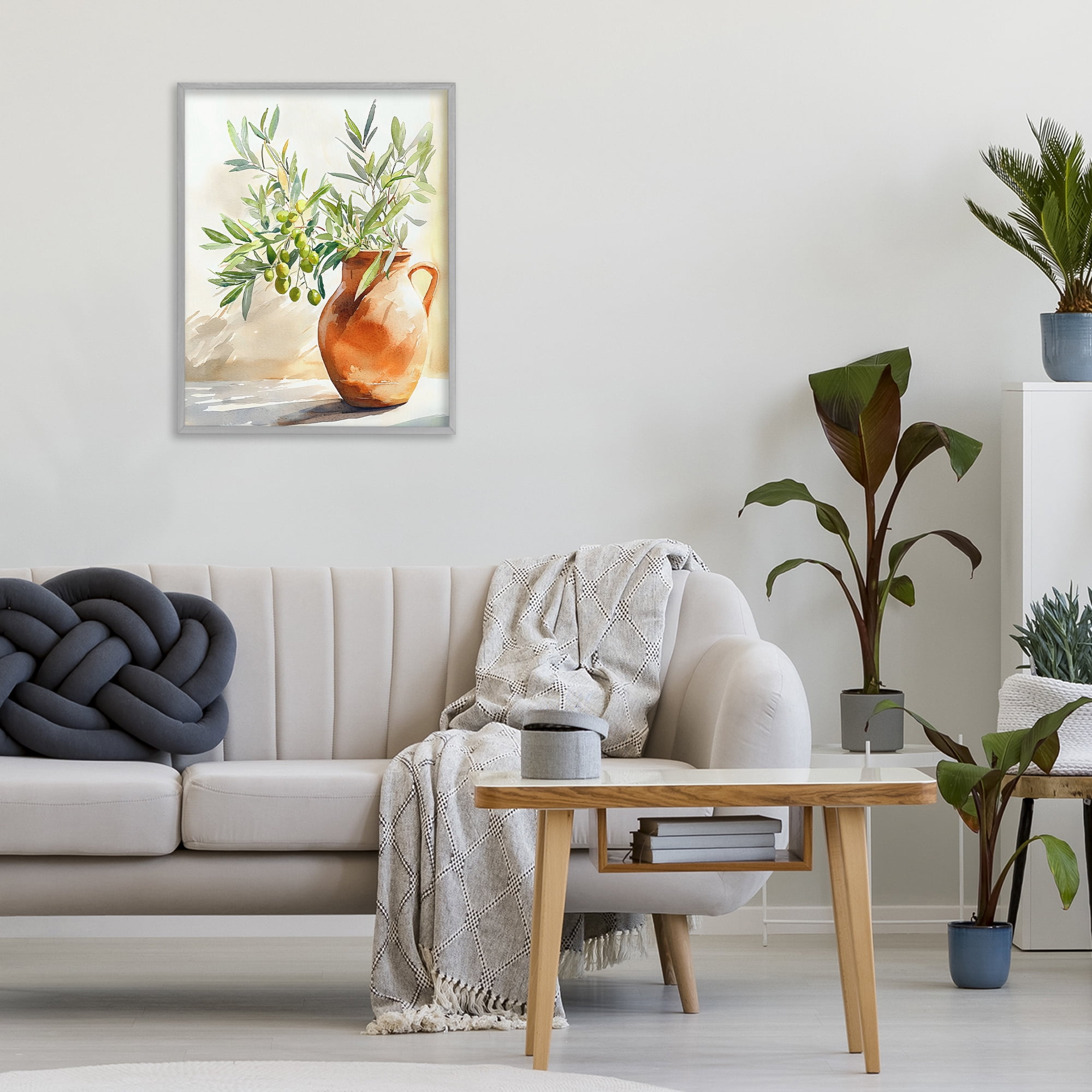 Stupell Industries Olive Branch in Terracotta Vase Gray Framed Giclee Art, design by LSR Design Studio