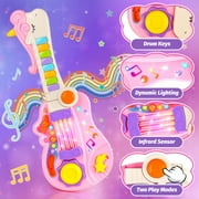 HopeRock Toddler Guitar/Foldable Piano Toys, Pink Musical Toy with LED Lights for Toddlers Ages 3-6, Instrument Toys Christmas Birthday Gift for Little Girls.