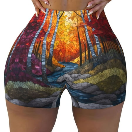 Workout Shorts Women  Tiffany Style Autumn Forest Biker Shorts for Women Running Gym Spandex Shorts Tummy Control