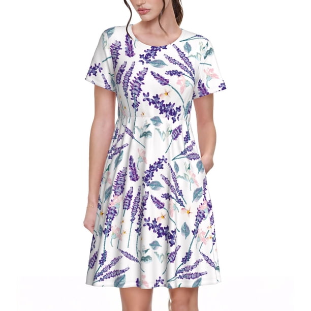 Easygdp Lavender Flowers para Vestido Transpirable de Mujer, Vestido Suelto de Manga Corta con Pliegues y Bolsillos para el Verano
