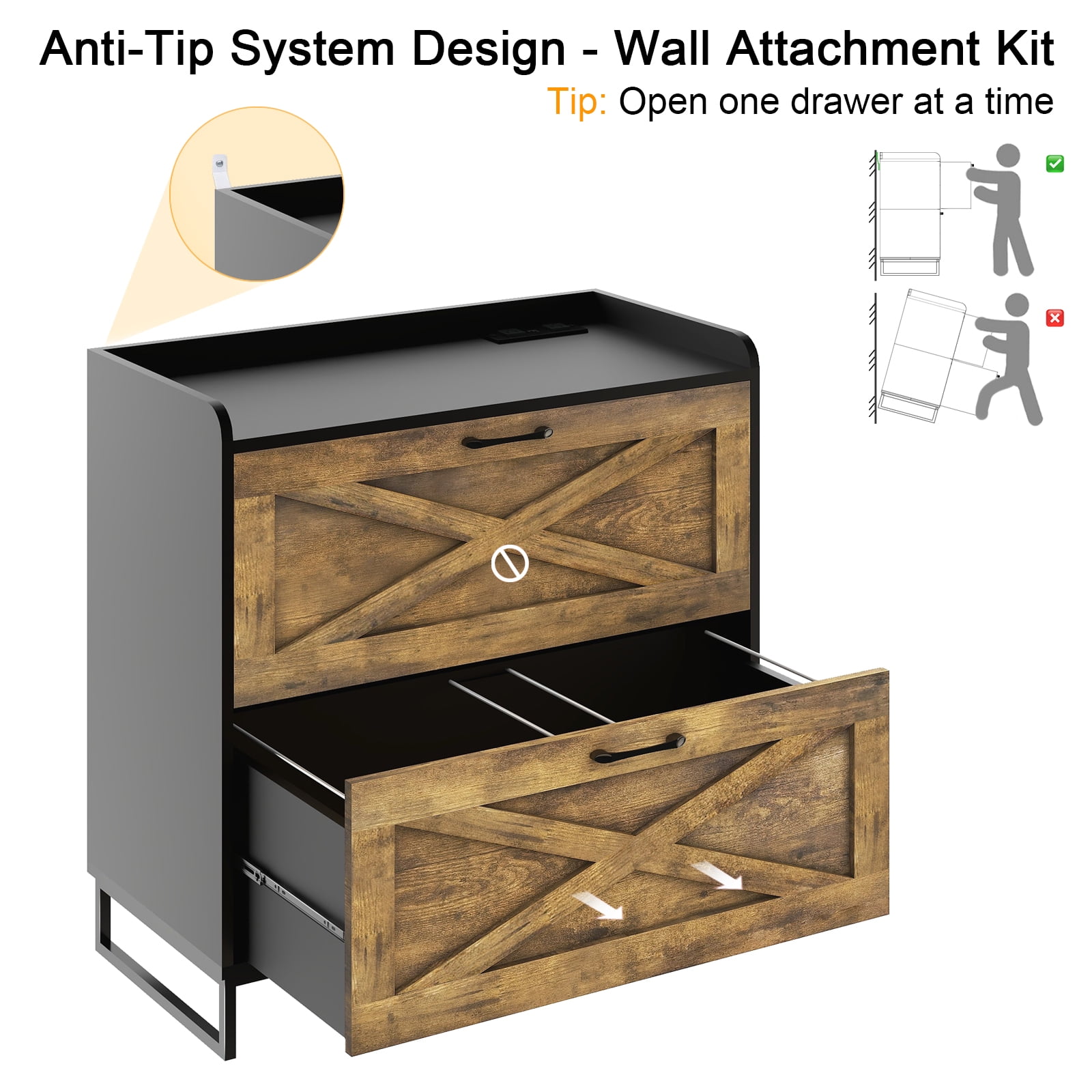 Vabches Lateral File Cabinet with Charging Station for Letter/Legal/A4 Size Hanging Files, Brown