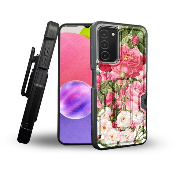 ANJ  Rugged Shockproof Holster Case Card Slot Kickstand   Tempered Glass Cover for Samsung Galaxy A03s - Blooming Flowers