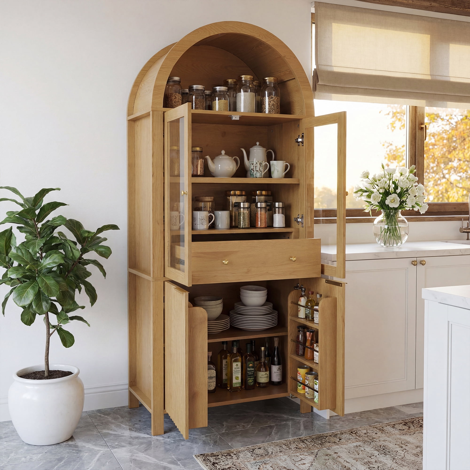 Mintazer 71" Fluted Tall Arched Kitchen Pantry Cabinet with Adjustable Shelves, Freestanding Storage Cabinet with Glass Doors & Drawer for Kitchen Living Room Dining Room, Natural