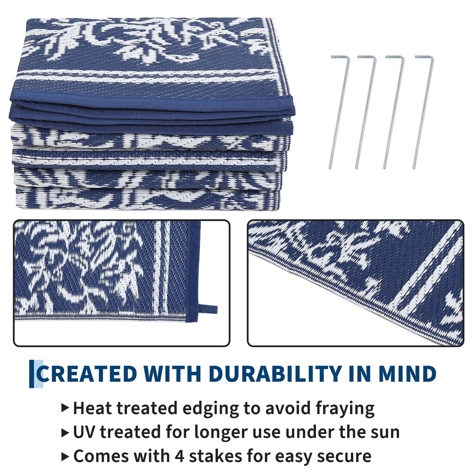 Nanan Outdoor Rug 8'x10' Waterproof Reversible Outdoor Patio Rug Plastic Straw Floral Mat for Camping Balcony Backyard RV Picnic, Dark Blue White