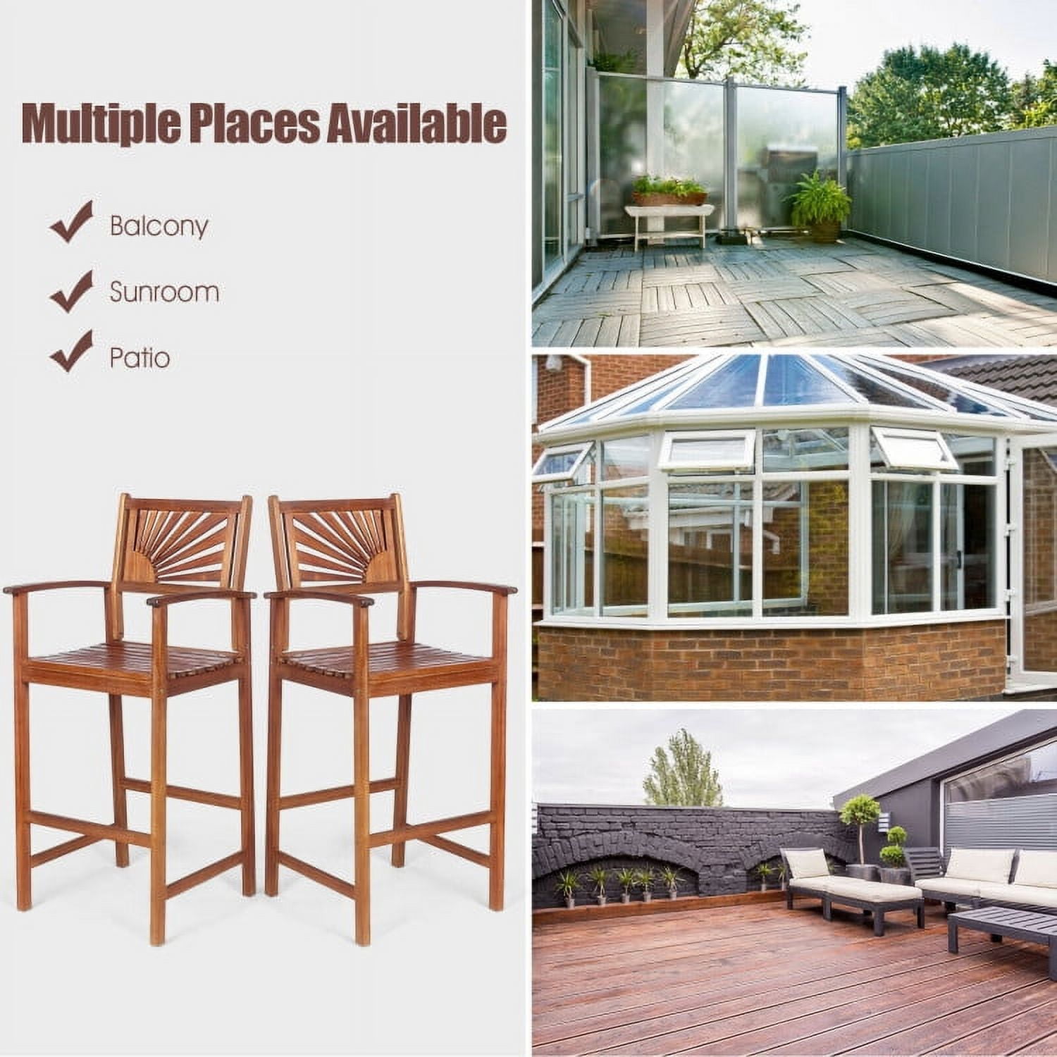 Aimee Lii 2 Pieces Outdoor Acacia Wood Bar Chairs with Sunflower Backrest and Armrests, Outdoor Patio Furniture