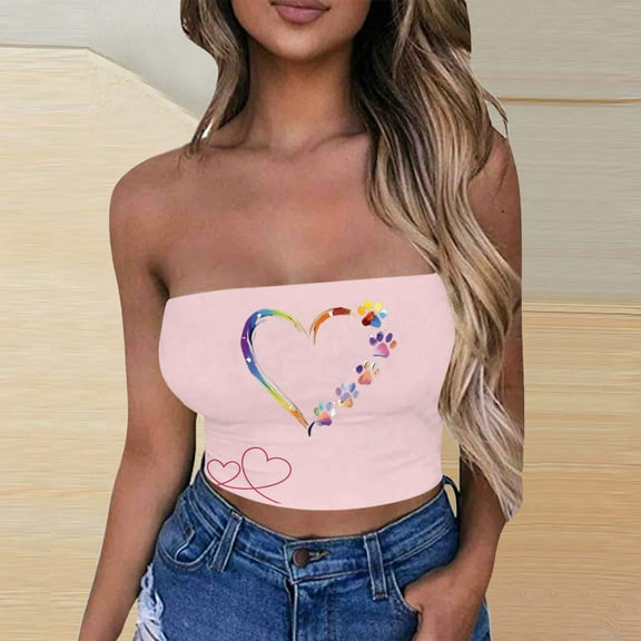 Aueoeo Summer Print Tube Tops For Womens Strapless Crop Tops Classic Backless Sleeveless Bandeau Going Out Cute Y2K Clothes