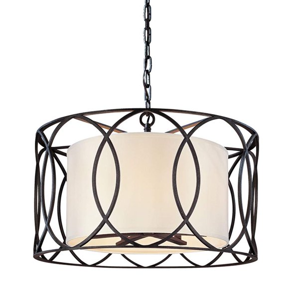 Troy Lighting Sausalito Suspension 5 Lumières - Finition Bronze Profond avec Abat-Jour en Lin Rigide