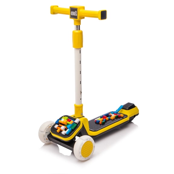 Kids Ride On 3-Wheel Scooter W/Buildable blocks, LED Lighted Wheels and 5 Adjustable Height Handlebars, Lean-to-Steer & Widen Anti-Slip Deck, 3 Wheel Scooter for Boys & Girls Ages 3-9 Yellow
