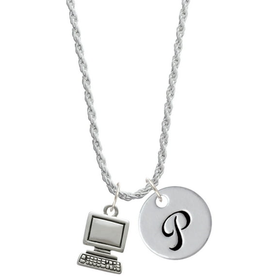 Delight Jewelry Silvertone Computer Silvertone Script Initial Disc - P - Charm Necklace, 20"+3"