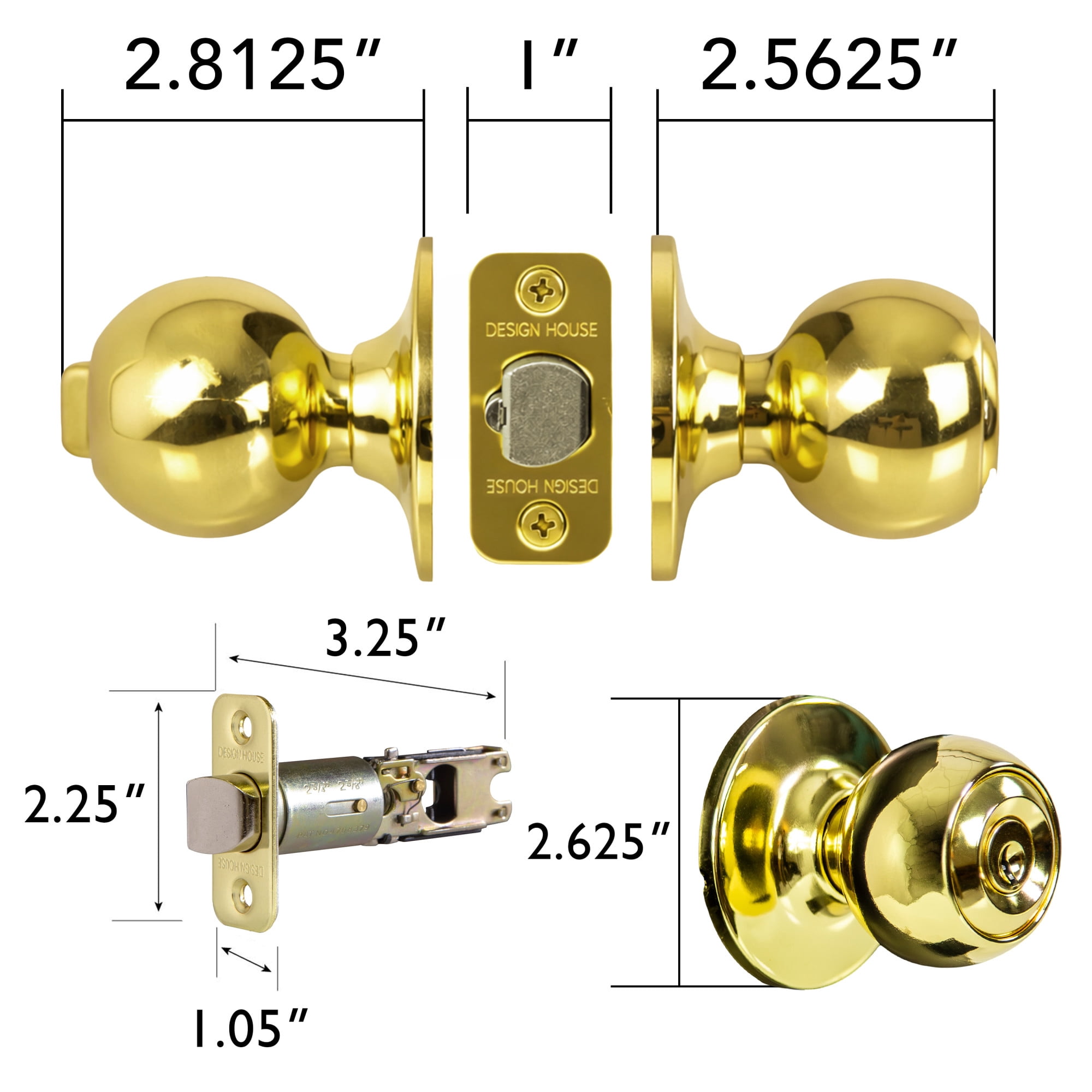 Polished Brass Ball Keyed Entry Door Knob, 2-Way Latch, Front and Back Door