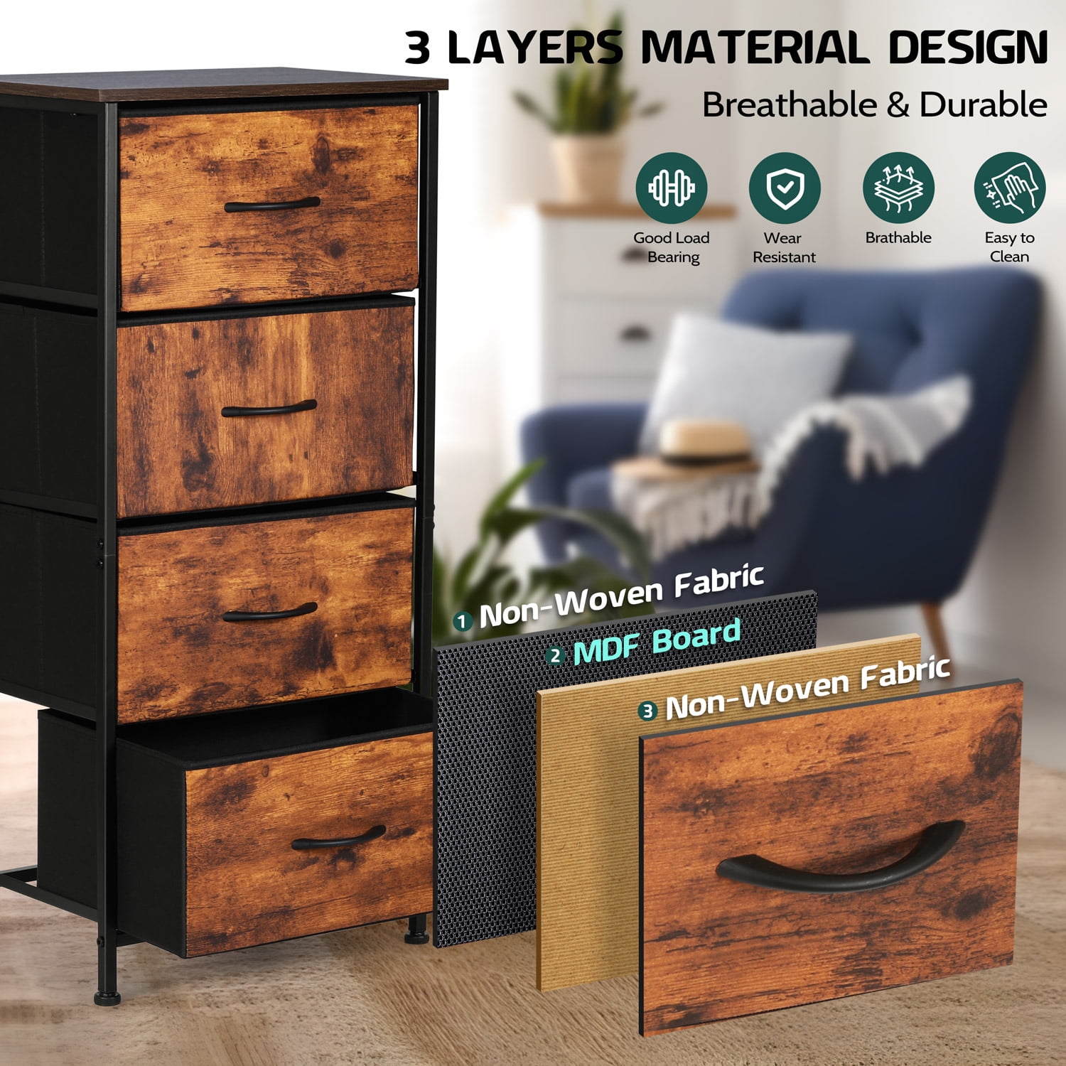 4 Drawers Dresser for Bedroom, Vesteel Fabric Chest of Drawers Tall Storage Tower with Wood Top and Sturdy Steel Frame, Storage Organizer Unit for Closet, Living Room, Hallway - Rustic Brown