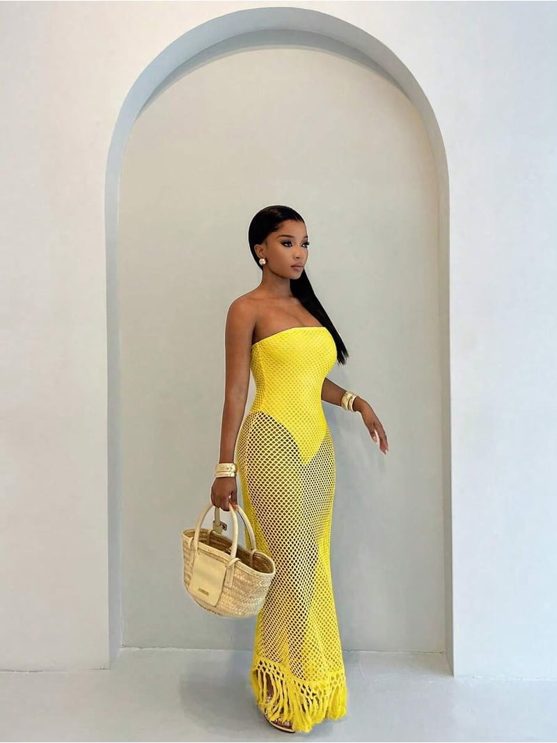 gold mesh beach dress Ladies Summer Crochet Tassel Hem Strapless Maxi Dress, Fake Two-Piece Design Sequin Mini Dress