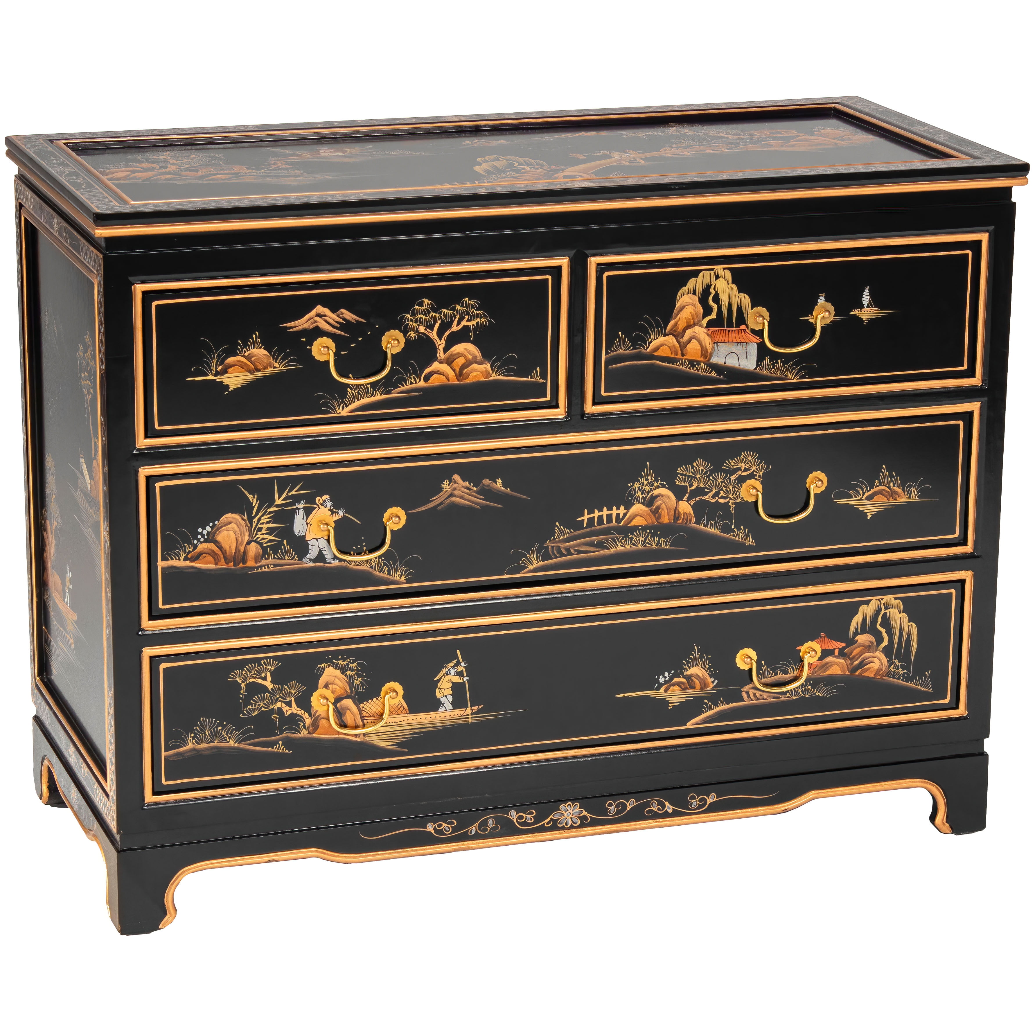 Oriental Furniture Black Lacquer Dresser Landscape