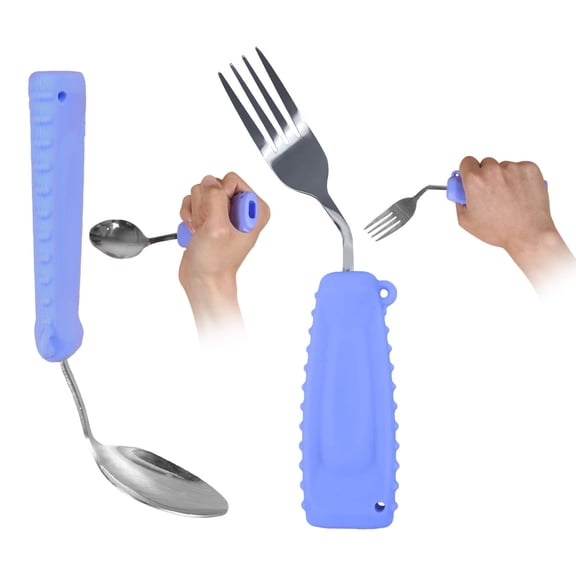Ehucon Adaptive Utensils – Curved Angled Spoon and Fork  Set Weighted Non-Slip  for Hand Tremors, Arthritis & Parkinson’s