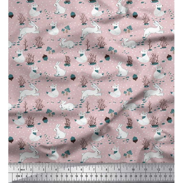 Soimoi Pink Rayon Fabric Mushroom,Oaknut & Rabbit Animal Print Sewing Fabric BTY 56 Inch Wide