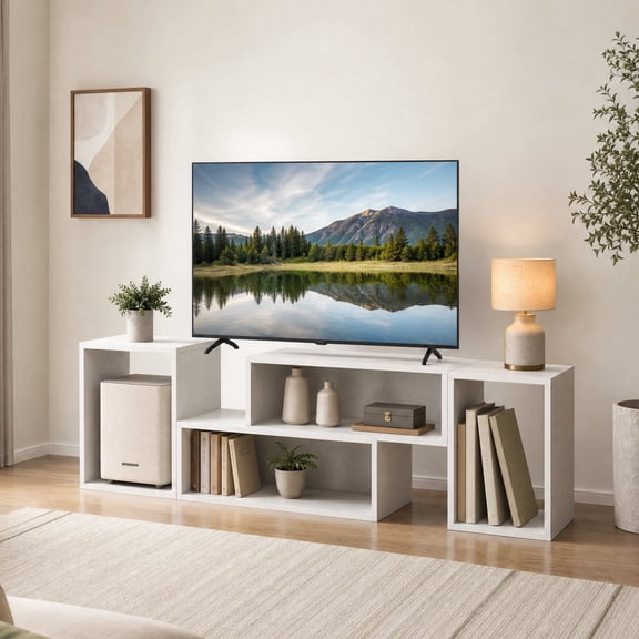 Modern TV Stand for TVs up to 55 Inch, Adjustable Entertainment Center with Storage Cubes for Living Room ,White